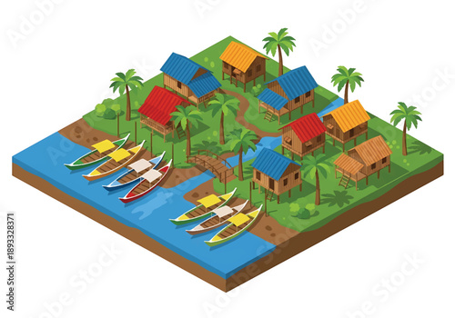 Isometric 3D view illustration of a Southeast Asian riverside village landscape with stilt houses, boats, waterways, and lush tropical surroundings