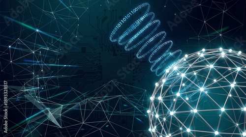 Digital representation of global network and data transfer with futuristic elements on transparent background