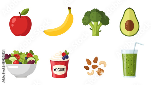 Healthy food icons set featuring a red apple, yellow banana, green broccoli, avocado, fresh salad bowl, yogurt with berries, mixed nuts, and a green smoothie.