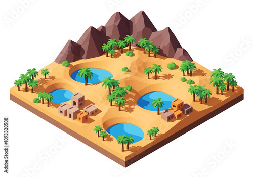 Isometric 3D view illustration of a Middle Eastern oasis-inspired landscape with desert terrain, palm trees, water pools, and distant mountains