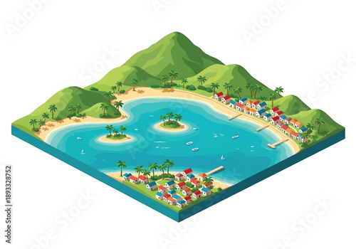 Isometric 3D view illustration of a Caribbean-inspired island landscape with turquoise water, sandy beaches, palm trees, hills, and coastal villages