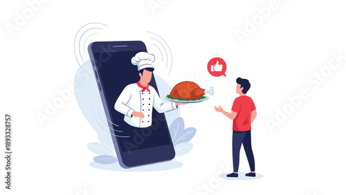 Online food delivery concept with a chef emerging from a smartphone screen to serve a roast turkey to a customer.