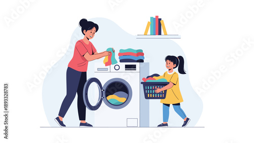 Mother and her young daughter working together to do laundry with a washing machine in a tidy domestic setting.