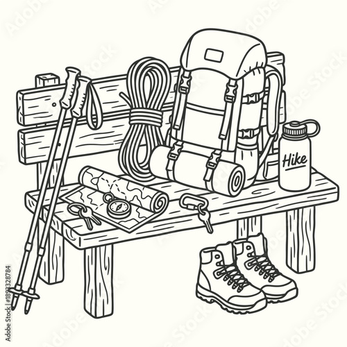 Outdoor Adventure Gear Ready for the Trail Line Art