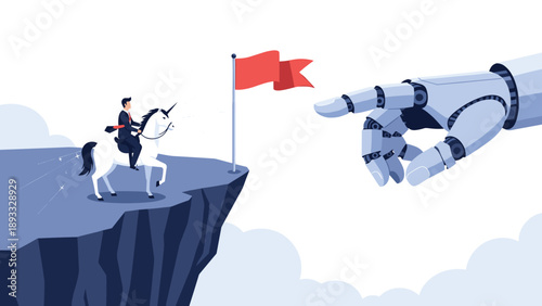 Surreal concept of a businessman riding a unicorn towards a giant robotic finger pointing at a red flag goal.
