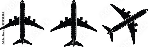 Airplane silhouette set from top view, commercial jet aircraft icons, aviation travel transportation concept, black isolated illustration
