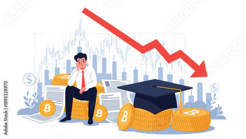 Concerned man sitting on stacks of coins with a graduation cap and documents under a falling financial arrow.