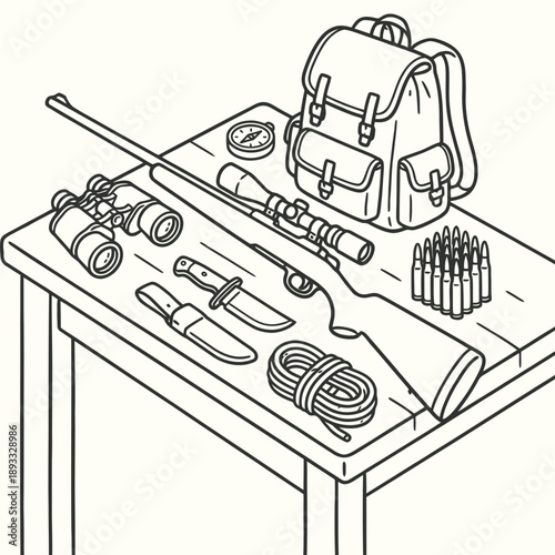 Hunting and Survival Gear Isometric Line Art Illustration