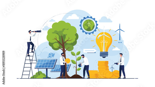 Environmental sustainability concept with people planting trees, installing solar panels, and using clean energy.