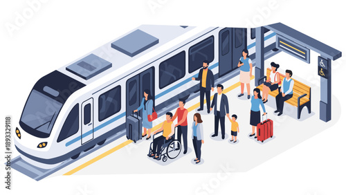 Commuters boarding a modern high speed train at a busy railway station including accessible boarding facilities for passengers in wheelchairs.