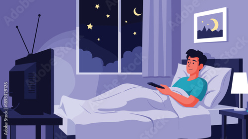 Young man relaxing in bed late at night while watching television in a dark room under a starry sky visible through the bedroom window.