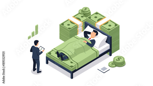Successful business leader sleeping comfortably on a bed made of money stacks while a financial advisor tracks passive income and growth.
