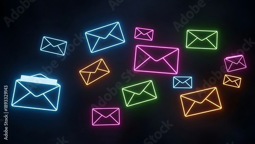 Multiple Colorful Neon Email Envelope Icons Floating in Dark Digital Space for Electronic Communication and Marketing Technology Concept