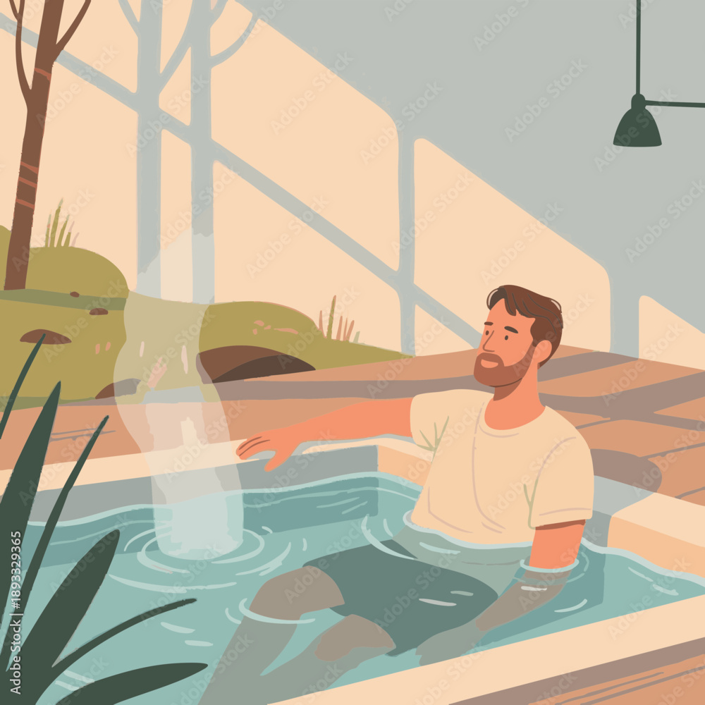 Obraz premium A simple illustration of a man relaxing in a hot spring. Steam. Promotes blood circulation. Relaxation, bathing habit. Hot spring trip.