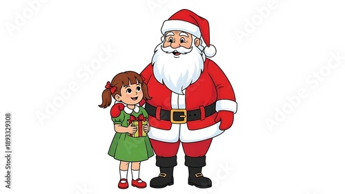 Cheerful Santa Claus Standing with Happy Young Elf Girl Helper in Traditional Christmas Costumes for Holiday Season Greeting Card Design