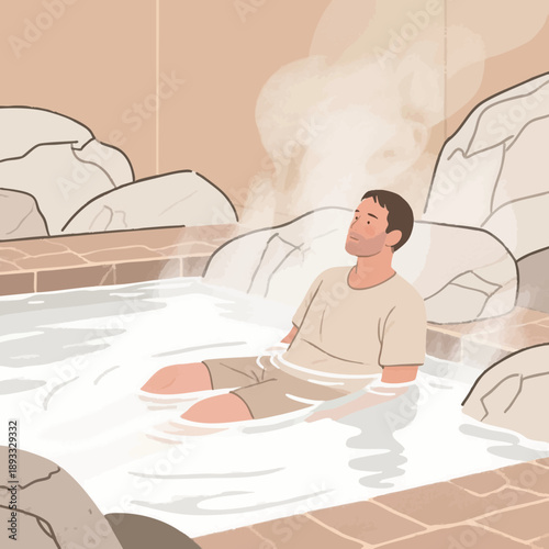 A simple illustration of a man relaxing in a hot spring. Steam. Promotes blood circulation. Relaxation, bathing habit. Hot spring trip.