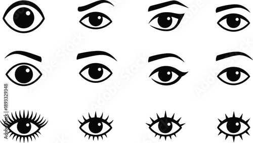 Eye illustration icons set with different styles expressions lashes and brows representing vision beauty emotion and character design