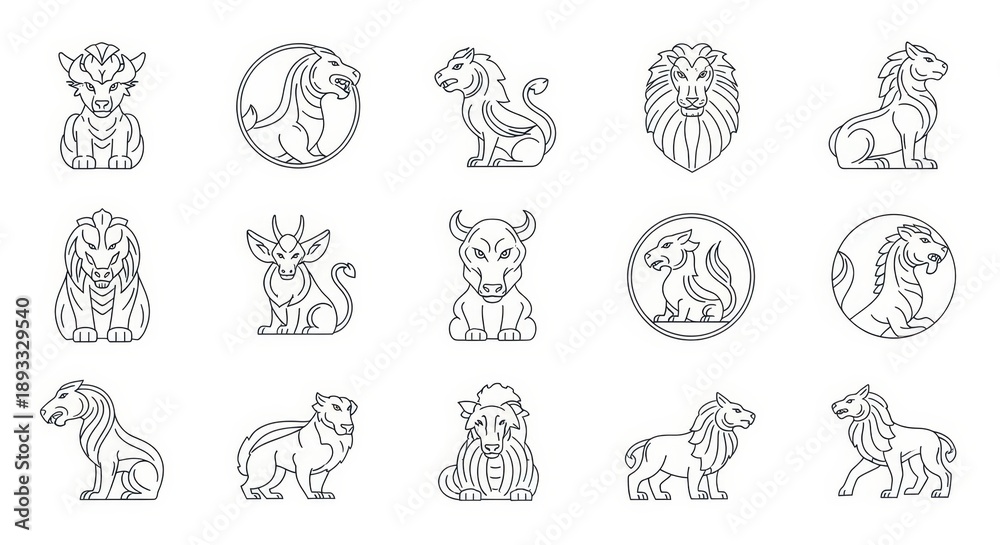 Fototapeta premium Mythical Creatures Zodiac Signs Line Icons Set Vector