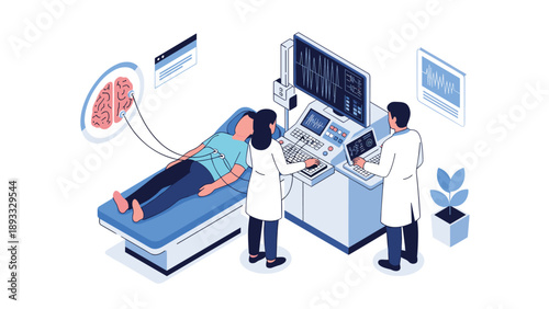 Medical team performing a brain scan on a patient in a high tech hospital facility using EEG and advanced diagnostic imaging equipment.