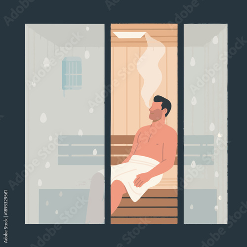 A simple illustration of a man relaxing in a sauna. Steam. Promotes blood circulation. Sauna lifestyle. Nordic style. Relaxation, habit.