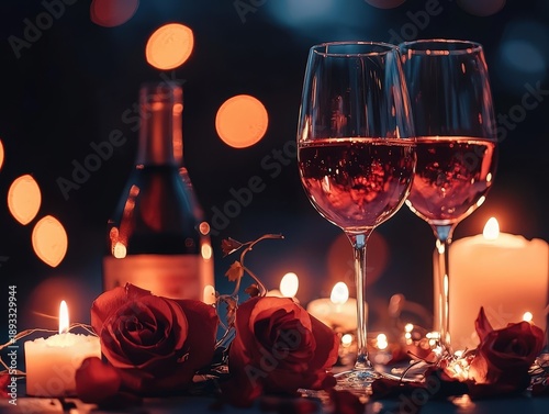 Romantic Table Arrangement for Two Featuring Cultural Cuisine with Wine, Roses, and Soft Candles in an Elegant Setting