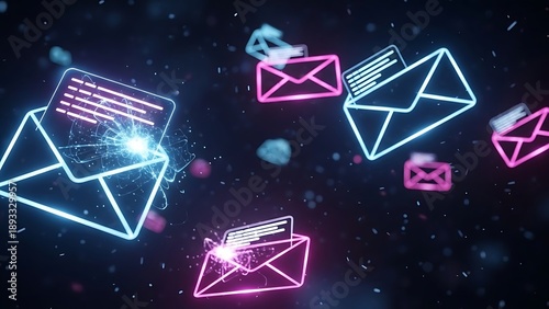 Futuristic Neon Email Communication with Social Media Icons in Cyber Space - Digital Marketing Technology Illustration