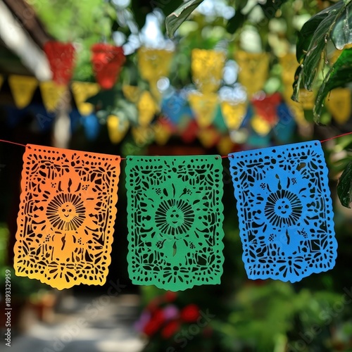 Brightly Colored Decorations Representing Joyful Mexican Heritage with Colorful Papel Picado Banners