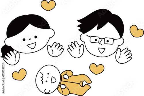 赤ちゃんを見つめる若い夫婦単色