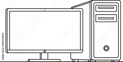 desktop, computer, setup, line, art, illustration, monitor, cpu, pc, workstation, technology, office, equipment, outline, blue, vector, hardware, electronics, design