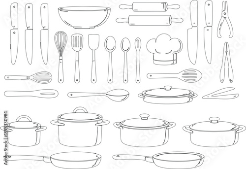 Collection of hand-drawn kitchen utensils and cookware in a simple line style cooking