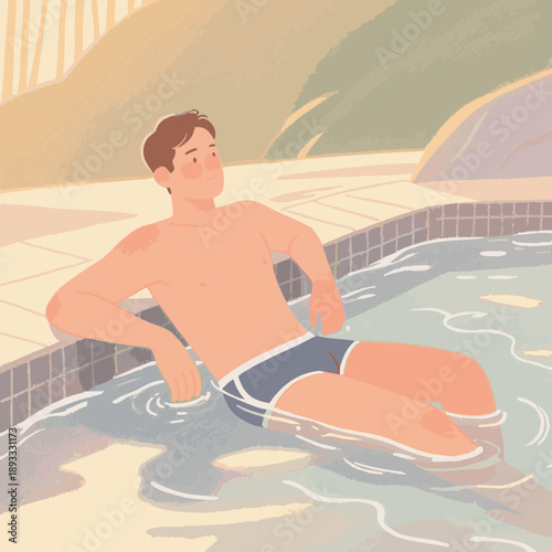 A simple illustration of a man relaxing in a hot spring. Steam. Promotes blood circulation. Relaxation, bathing habit. Hot spring trip.
