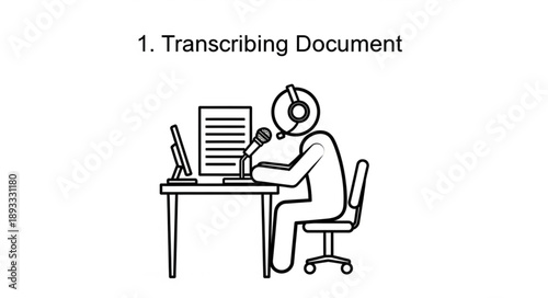 Person transcribing document at desk with computer and headset.