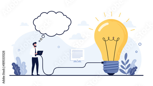 Professional businessman working on his laptop which is plugged into a giant glowing light bulb, representing innovation and creativity.