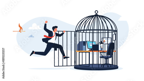 Stressed businessman escaping from a giant metal birdcage containing an office desk, symbolizing liberation and freedom from work pressure.