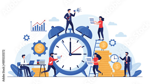Business team working together around a massive alarm clock with stacks of gold coins, emphasizing time management and financial goals.