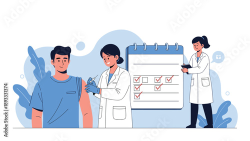 Man receiving a vaccine injection from a medical professional in a clinic with a large immunization checklist displayed in the background.