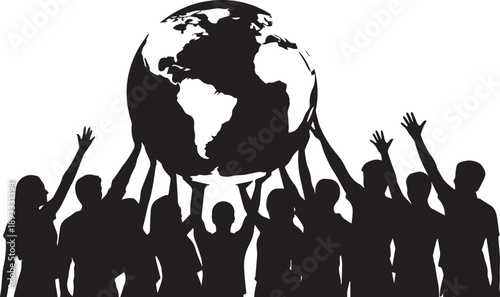 Diverse group of people holding up globe representing global unity and environmental care