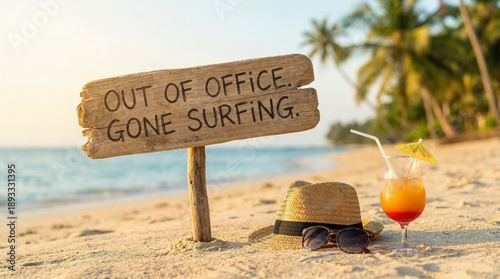 Out of Office Gone Surfing Wooden Sign on a Tropical Beach with Cocktail Hat and Sunglasses