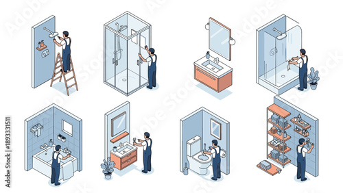 Set of isometric scenes showing professional plumbers and handymen performing various bathroom repairs and plumbing installations in a house.