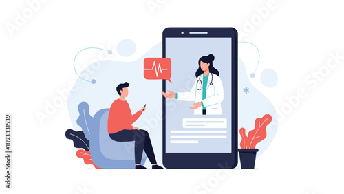 Patient conducting an online medical consultation with a doctor through a large smartphone screen, illustrating telehealth and digital health.