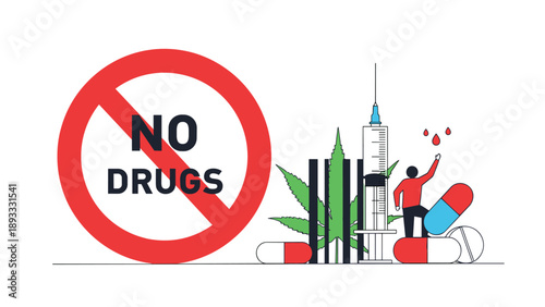 Substance abuse prevention concept showing a no drugs sign with medical icons and a person rejecting pills for a healthy lifestyle choice.