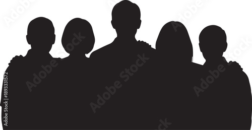 Group of diverse friends standing together vector illustration in a solid black silhouette pattern