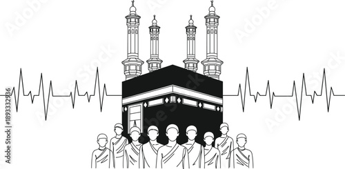 Kaaba with heartbeat line and pilgrims in black and white, spiritual Islamic vector illustration symbolizing faith, Hajj, Umrah, and emotional connection to Mecca