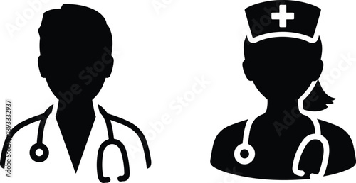Doctor nurse silhouette icons, medical healthcare professionals, stethoscope uniform, hospital staff, black vector illustration, avatar profile design for apps websites