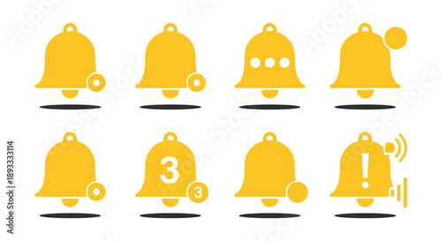 A collection of vibrant yellow bell icons depicting various notification states and alert designs high quality professional detailed