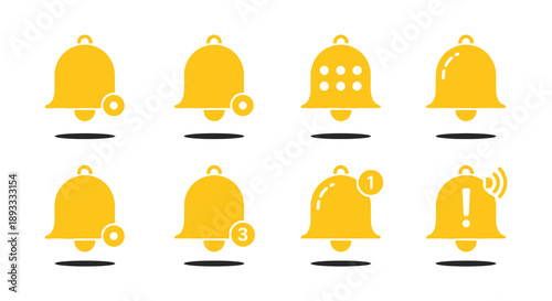 A collection of yellow bell icons depicting various notification states and designs on a white background high quality