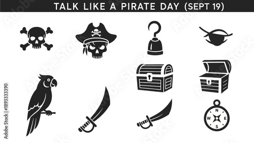 Black and white icons for Talk Like a Pirate Day featuring piraterelated objects