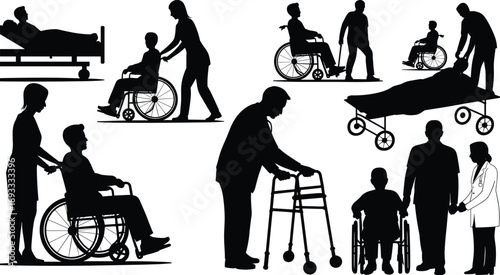 Healthcare caregiving silhouettes, nurses assisting patients, wheelchair support, hospital care, elderly assistance, medical transport, rehabilitation, compassion, black vector illustration set