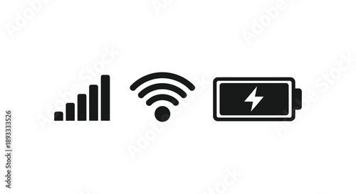 A simple black and white illustration depicts mobile signal wifi and battery icons aligned horizontally high quality professional detailed modern