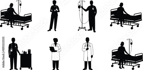 Hospital, silhouettes, doctors, nurses, patients, medical, staff, healthcare, treatment, clinic, emergency, care, service, ward, therapy, support, black, vector, illustration, set